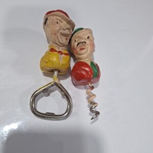 Vintage Laurel and Hardy Bottle Opener and Corkscrew- Carved Wood- Collectibles